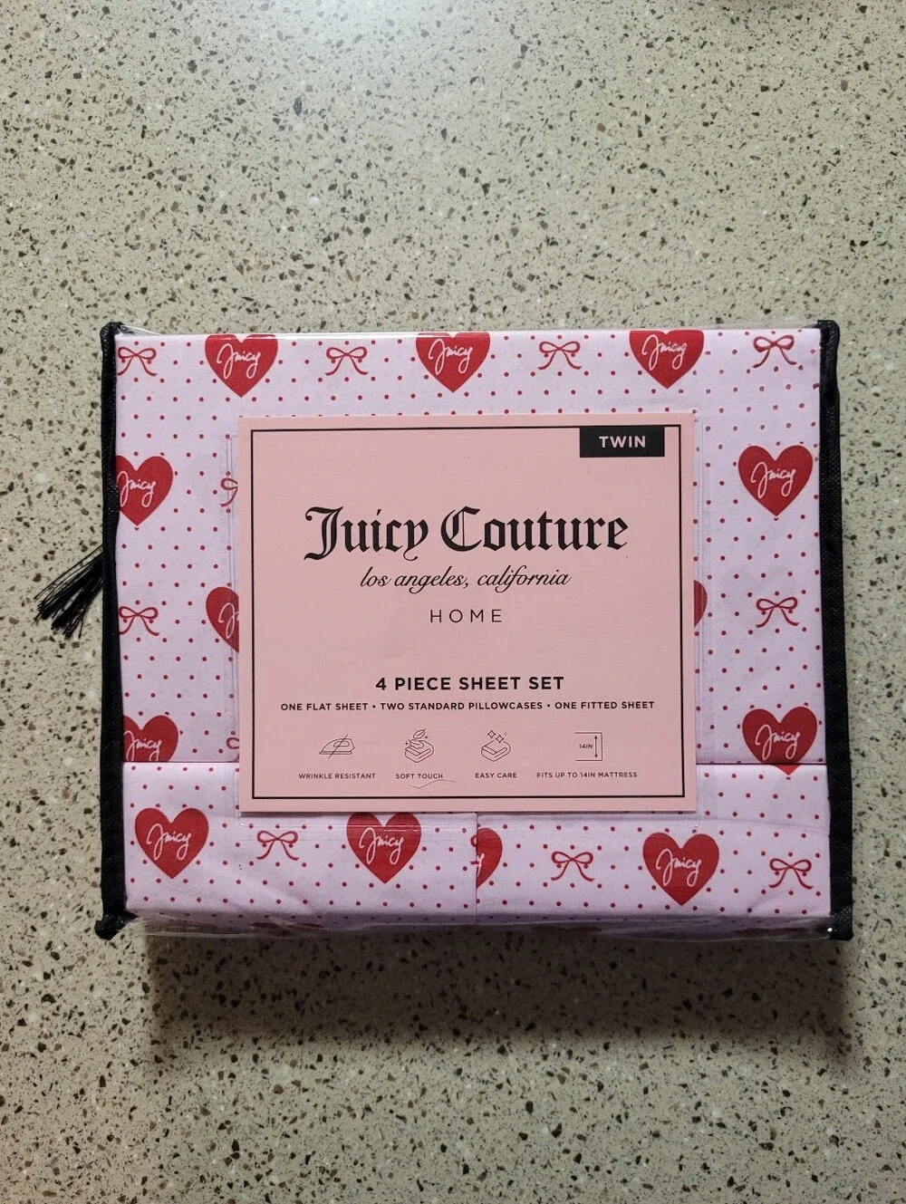 Juicy Couture 4-Pc Twin Size Bedsheet Set Hearts Juicy Spellout Bows Polka Dots